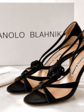 Vintage Manolo Blahnik Black Strappy Sandals Heels Elegant Designers Size 36.5